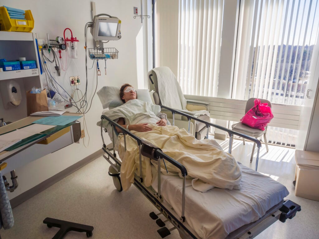 Hospital room with patient who is recovering from LASIK eye operation