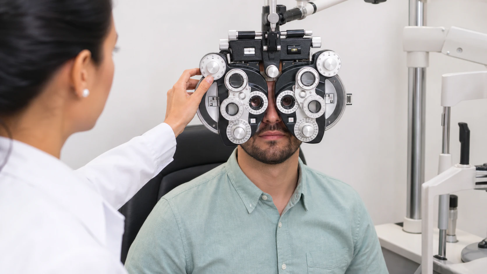Optometrist checking patient vision through test lenses during a routine eye exam