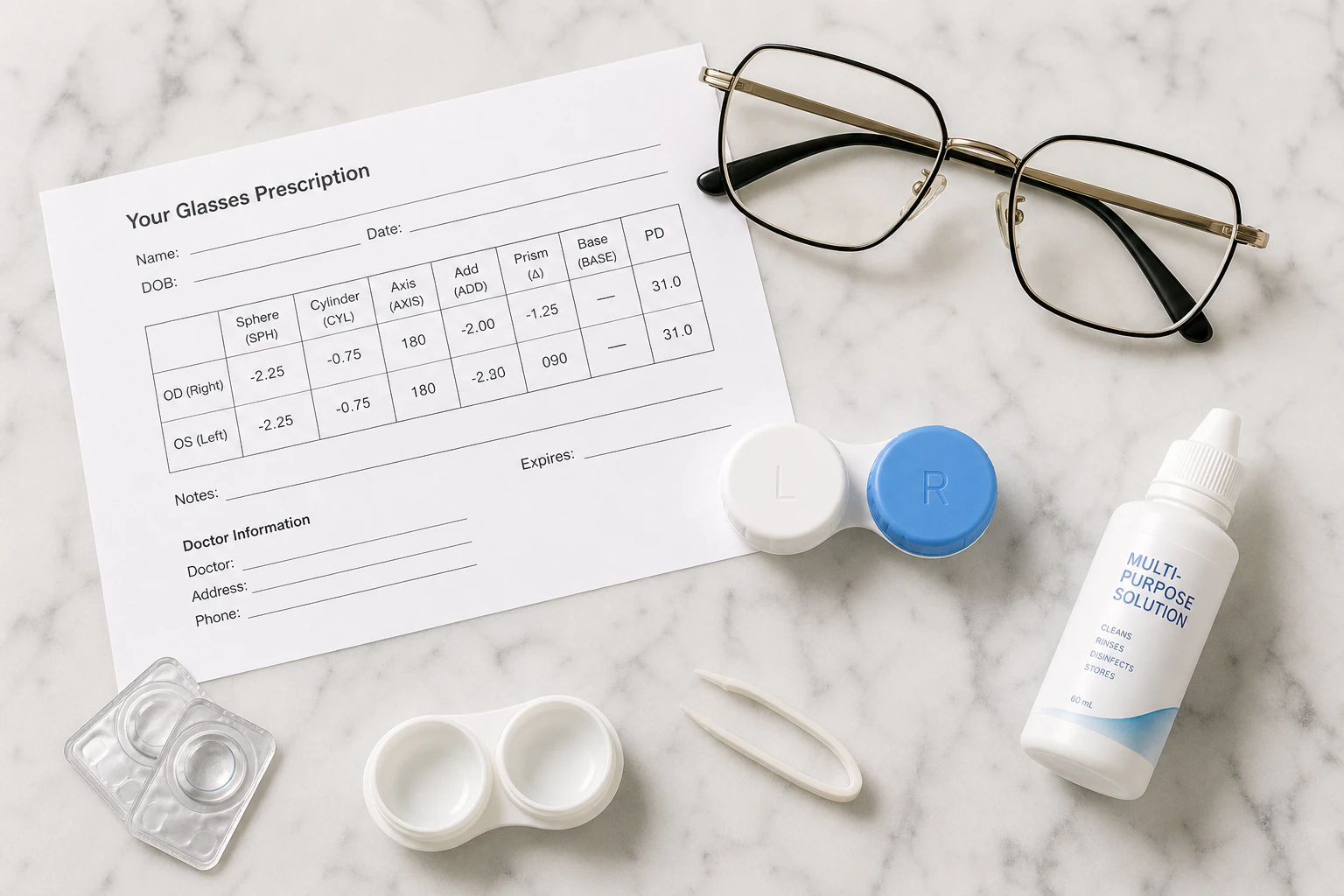 Medical eyeglass prescription with parameters